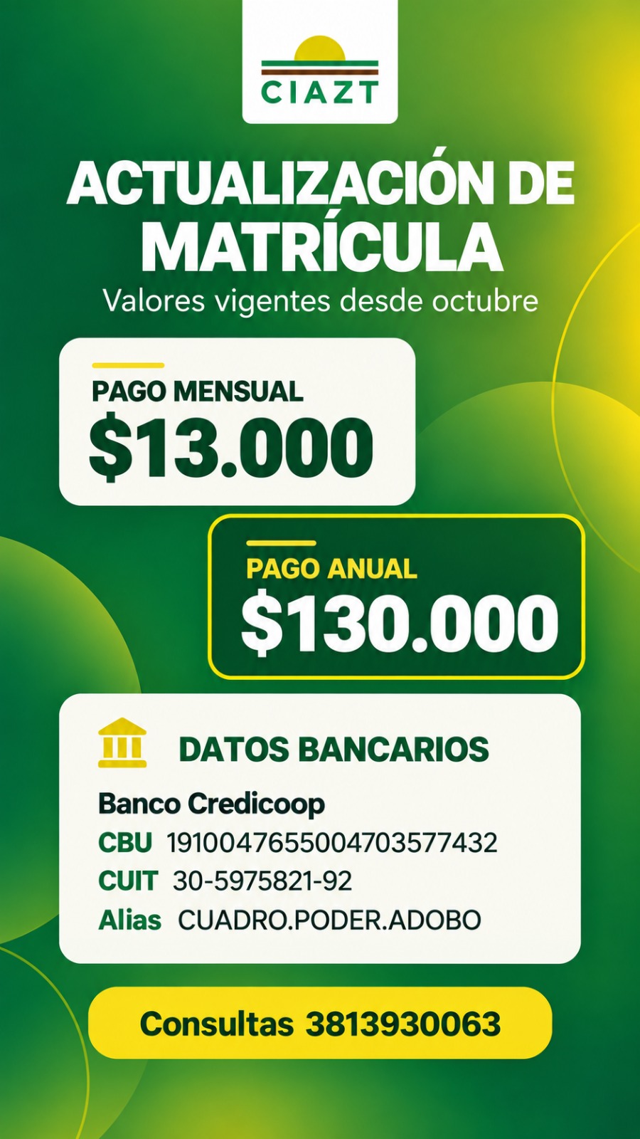Actualización de matrícula - valores vigentes desde octubre